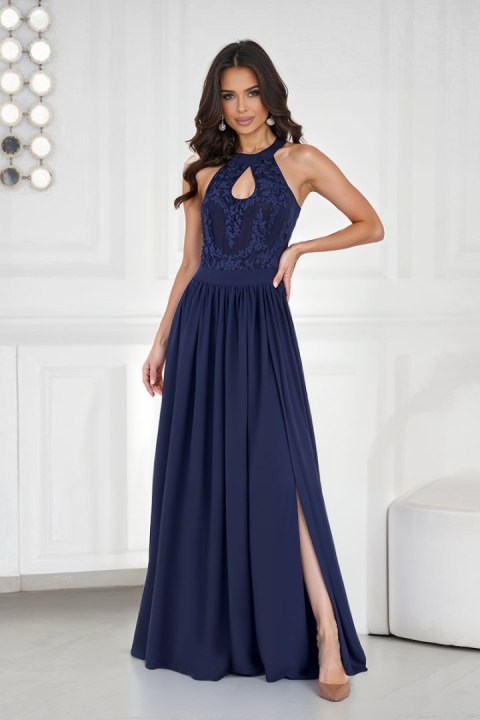 1013-01 Sukienka Do Ziemi Z Koronkową Górą I Dekoltem W Łezkę - Granatowy