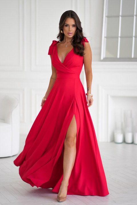 231-02 Długa Sukienka Z Kokardami - czerwony