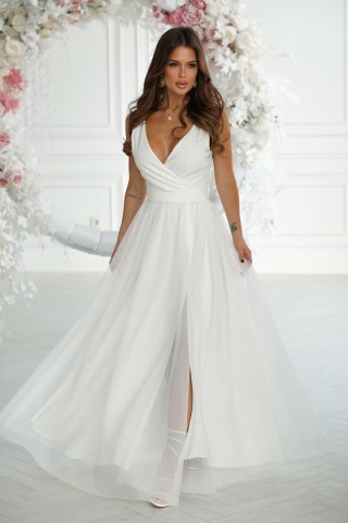 248-04 Długa Sukienka Z Rozcięciem Na Nodze - Ecru