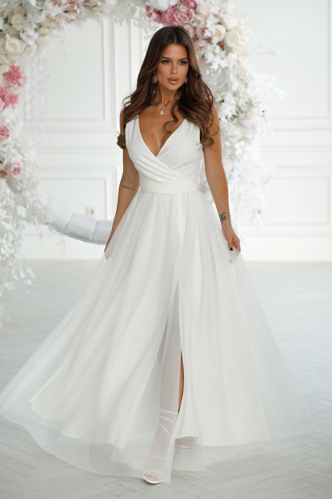 248-04 Długa Sukienka Z Rozcięciem Na Nodze - Ecru