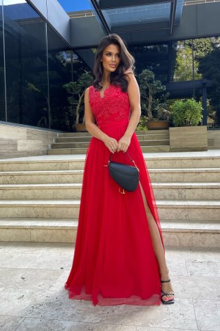 265-02 Sukienka Koronkowa Długa - czerwony