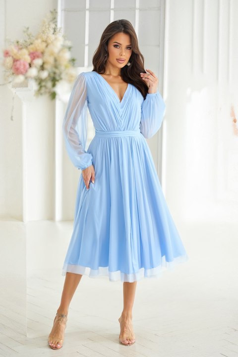 269-08-1 Sukienka Midi Z Brokatową Siatką - niebieski