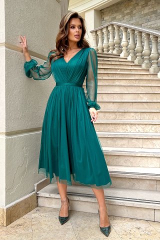 269-13 Sukienka Midi Z Brokatową Siatką - butelkowy