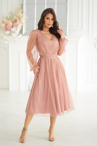 269-28 Sukienka Midi Z Brokatową Siatką - nude