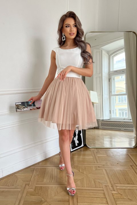 283-34 Sukienka Lekko Rozkloszowana Z Tiulem - beżowy