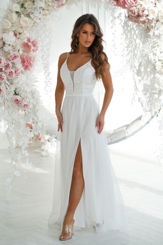 300-04 Długa Tiulowa Sukienka Na Ramiączkach - Ecru