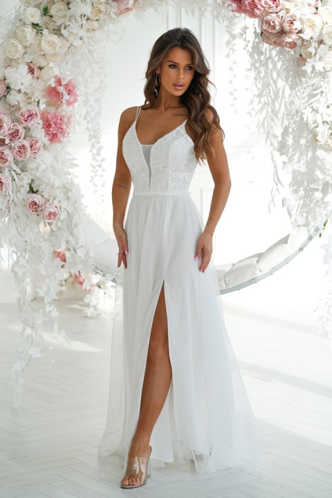 300-04 Długa Tiulowa Sukienka Na Ramiączkach - Ecru