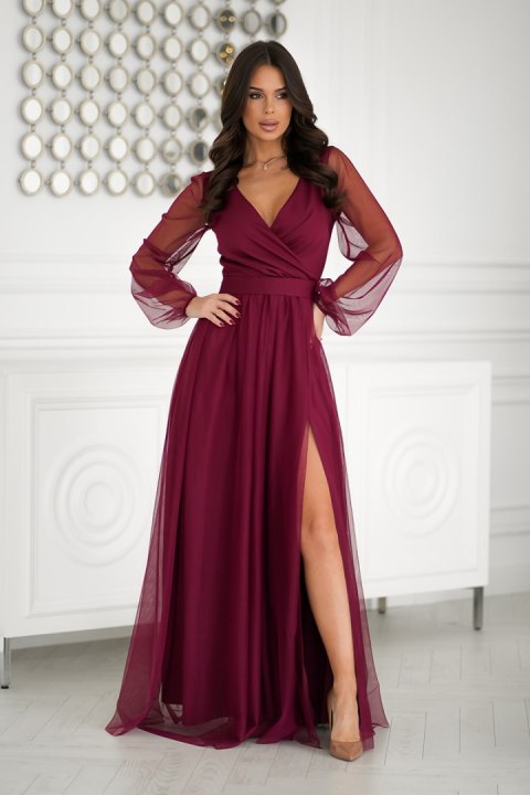 302-10 Sukienka Z Długim Rękawem - bordowy