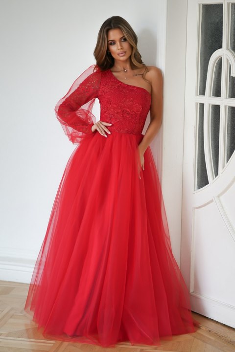 303-02 Sukienka Balowa Na Jedno Ramię - czerwony