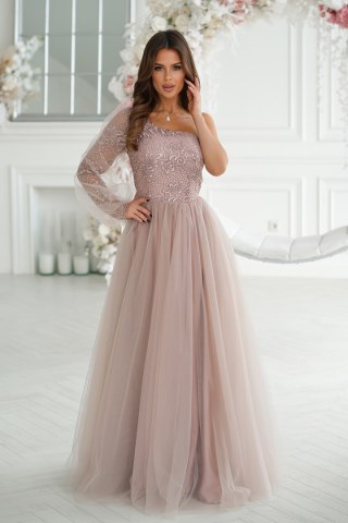 303-22 Sukienka Balowa Na Jedno Ramię - szampański