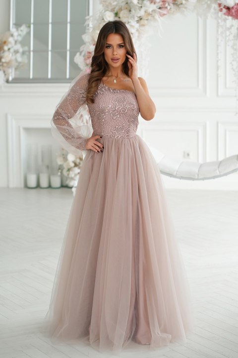 303-22 Sukienka Balowa Na Jedno Ramię - szampański