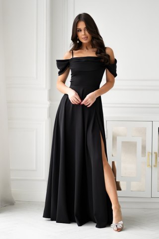 320-06 Sukienka Maxi Z Opadającymi Ramiączkami I Rozcięciem - czarny