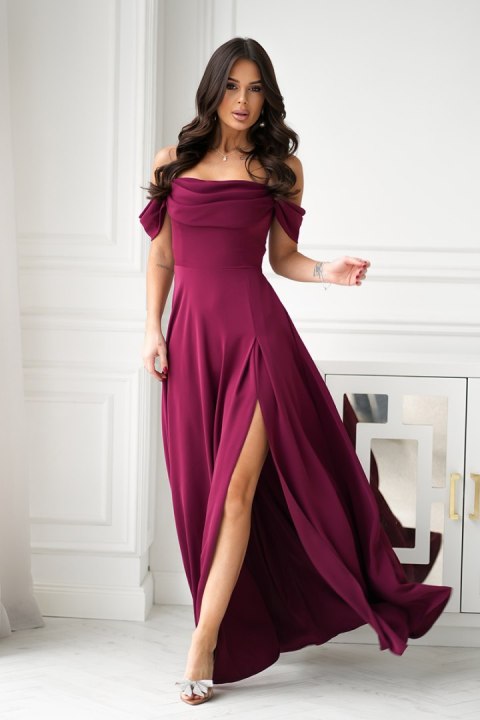 320-10 Sukienka Maxi Z Opadającymi Ramiączkami I Rozcięciem - bordowy