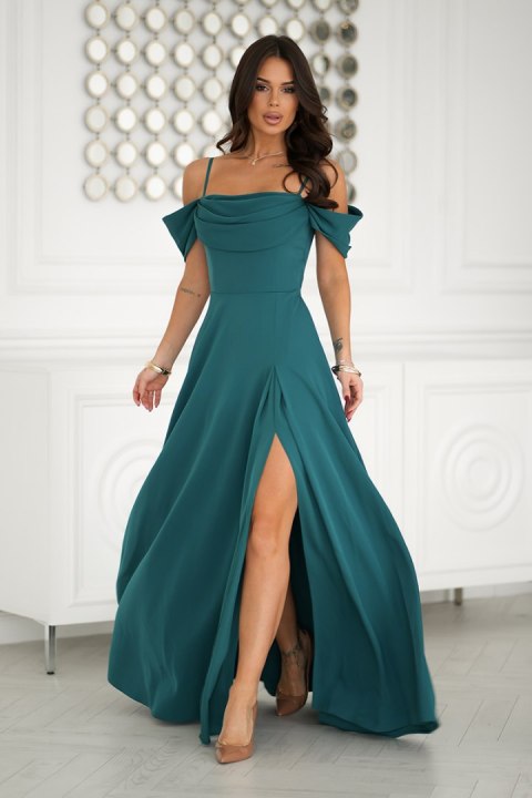 320-13 Sukienka Maxi Z Opadającymi Ramiączkami I Rozcięciem - zielony