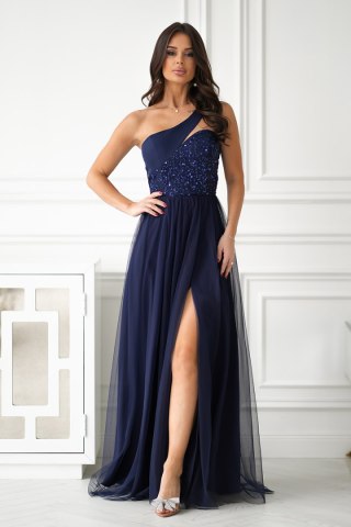 323-01 Sukienka Wieczorowa Z Cekinami I Rozcięciem - Granatowy