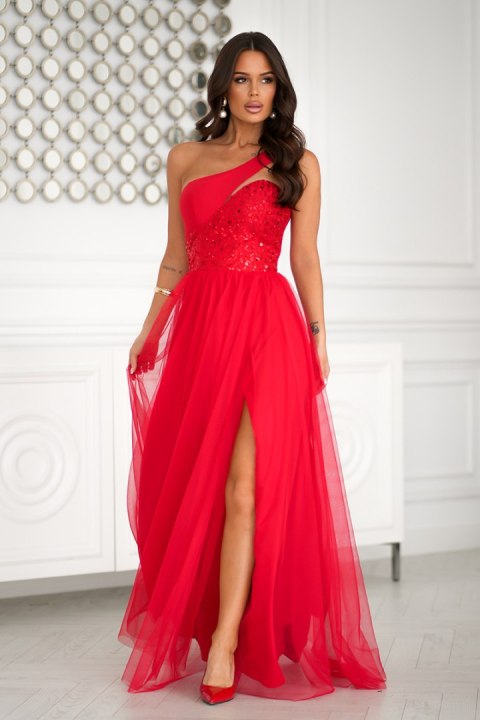 323-02 Sukienka Wieczorowa Z Cekinami I Rozcięciem - czerwony