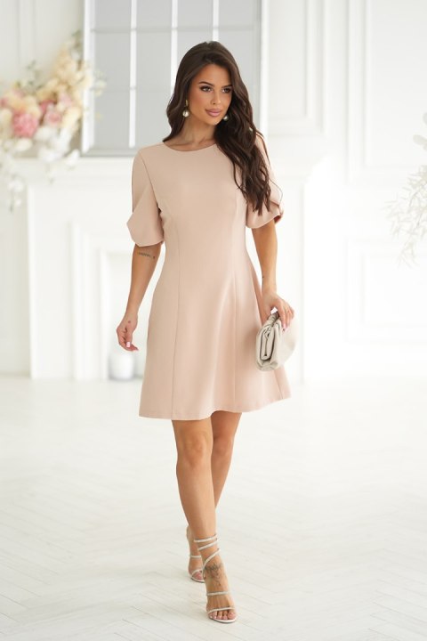 326-21 Elegancka Sukienka A-Line Z Podszewką I Ozdobnymi Rękawami - beżowy