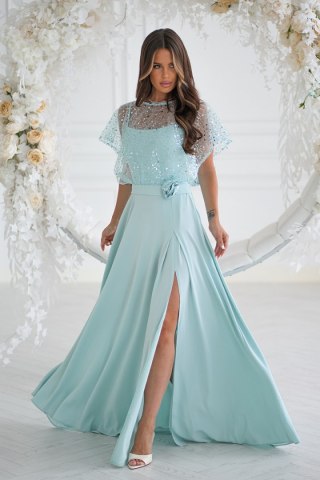 333-03 Elegancka Sukienka Na Ramiączkach Z Cekinowym Bolerkiem - miętowy