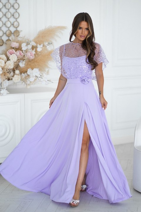 333-50 Elegancka Sukienka Na Ramiączkach Z Cekinowym Bolerkiem - liliowy
