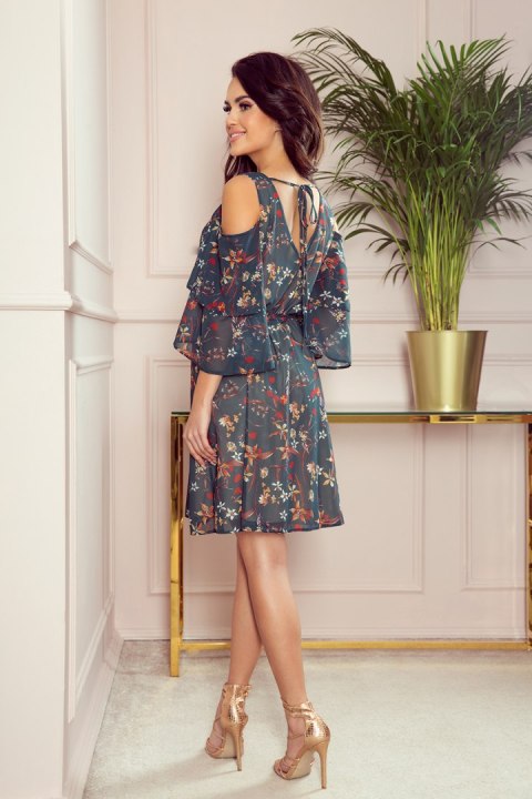 292-2 MARINA zwiewna sukienka z dekoltem - ZIELONA W KWIATY