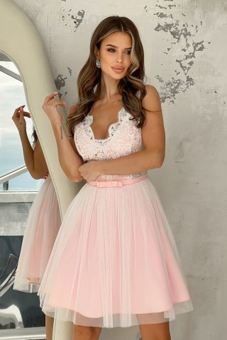 2206-32 Sukienka Lekko Rozkloszowana - Ecru, różowy