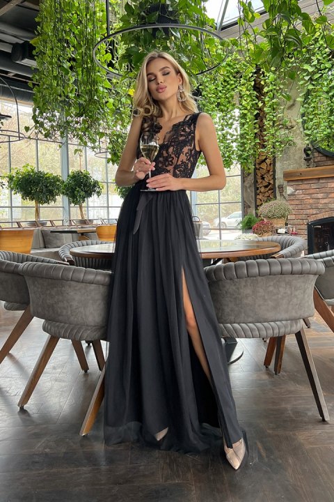 265-16 Sukienka Koronkowa Długa - beżowy, czarny
