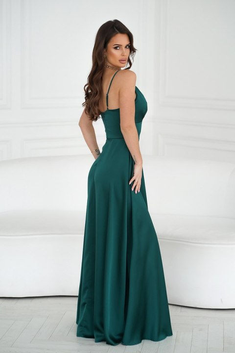 282-13 Sukienka Satynowa Z Rozcięciem Na Nodze - butelkowy