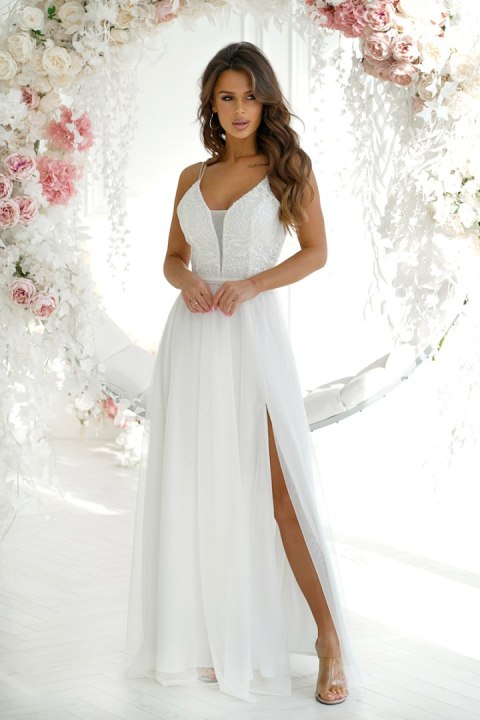 300-04 Długa Tiulowa Sukienka Na Ramiączkach - Ecru