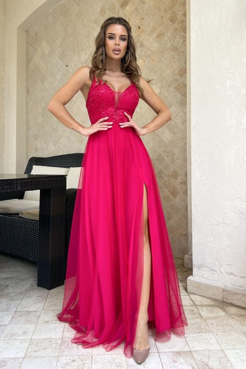 300-07 Długa Tiulowa Sukienka Na Ramiączkach - malinowy