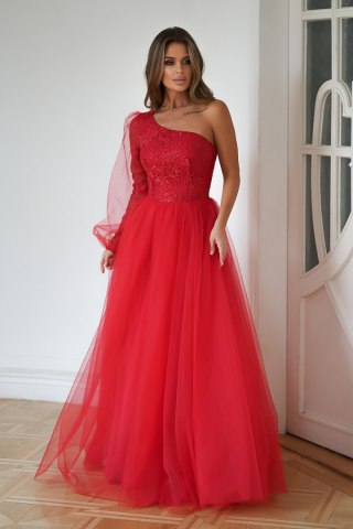 303-02 Sukienka Balowa Na Jedno Ramię - czerwony