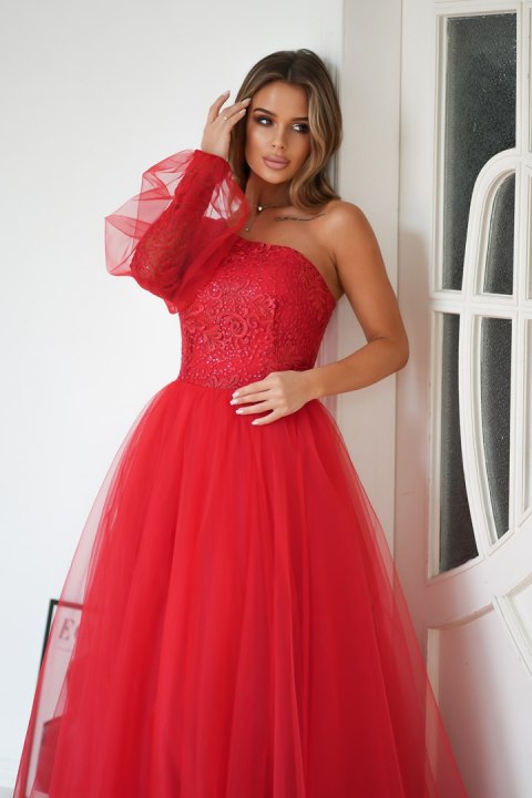 303-02 Sukienka Balowa Na Jedno Ramię - czerwony