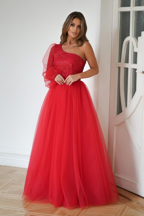 303-02 Sukienka Balowa Na Jedno Ramię - czerwony