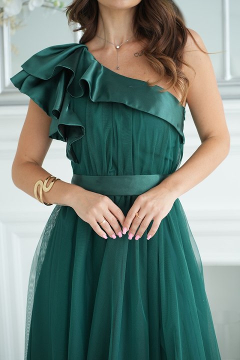 315-13 Długa Sukienka Z Satynową Falbaną - butelkowy