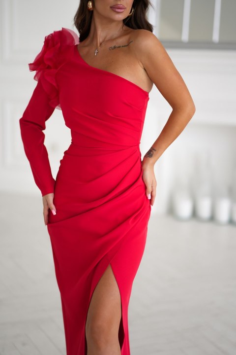 317-02 Długa Sukienka Z Różą - czerwony