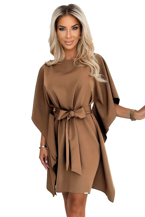 287-39 SOFIA Sukienka motyl z wiązaniem w pasie - cappuccino