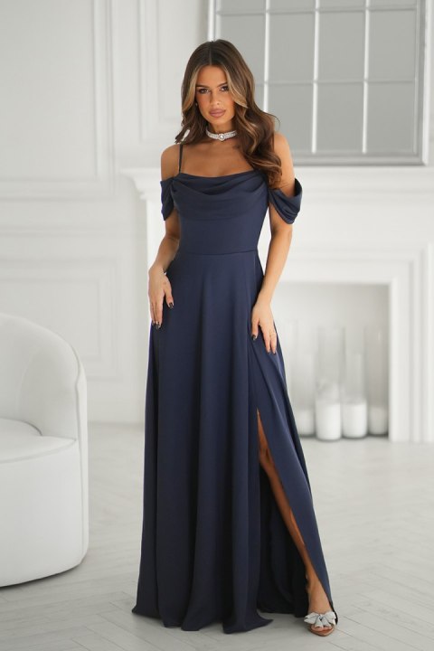 320-01 Sukienka Maxi Z Opadającymi Ramiączkami I Rozcięciem - Granatowy