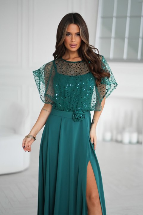 333-13 Elegancka Sukienka Na Ramiączkach Z Cekinowym Bolerkiem - butelkowy