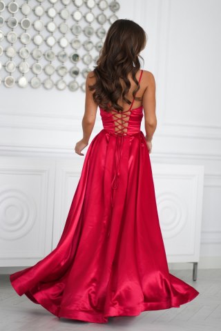 334-02 Połyskująca Suknia Wieczorowa z Gorsetowym Sznurowaniem - czerwony