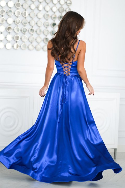 334-05 Satynowa Suknia Wieczorowa Z Gorsetowym Sznurowaniem - chabrowy