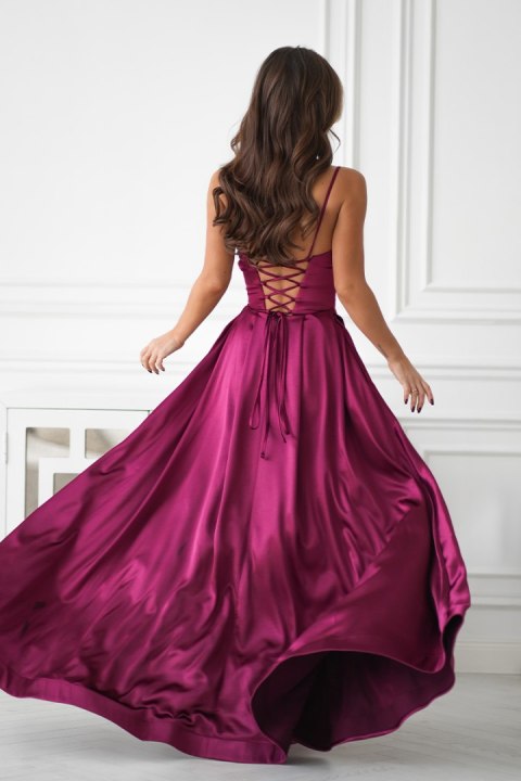 334-10 Połyskująca Suknia Wieczorowa z Gorsetowym Sznurowaniem - bordowy