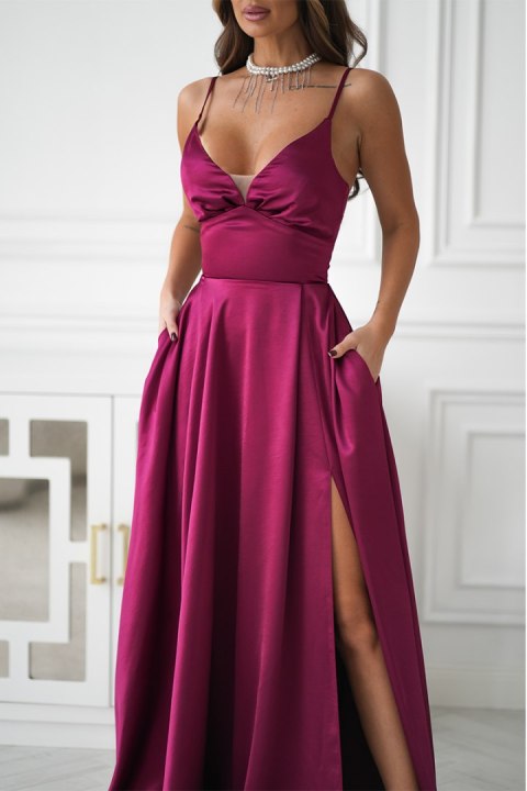 334-10 Połyskująca Suknia Wieczorowa z Gorsetowym Sznurowaniem - bordowy