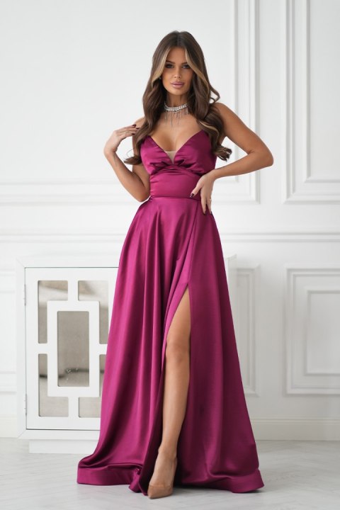 334-10 Połyskująca Suknia Wieczorowa z Gorsetowym Sznurowaniem - bordowy