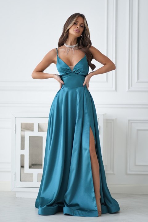 334-13 Połyskująca Suknia Wieczorowa z Gorsetowym Sznurowaniem - zielony