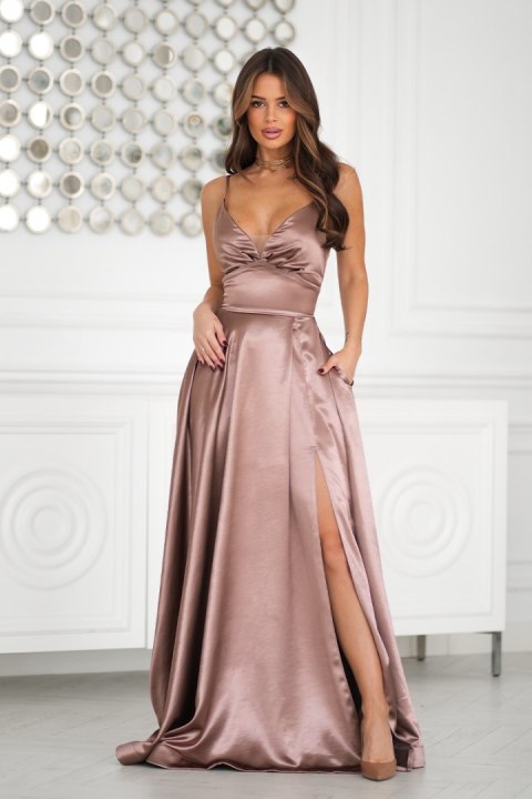 334-22 Połyskująca Suknia Wieczorowa z Gorsetowym Sznurowaniem - CAMEL