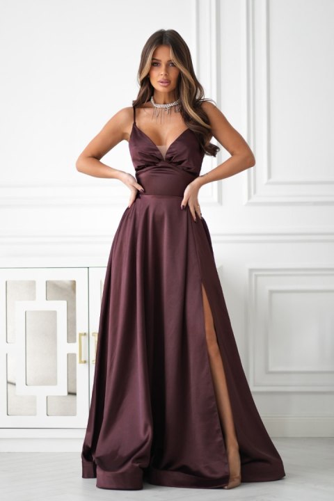334-61 Połyskująca Suknia Wieczorowa z Gorsetowym Sznurowaniem - czekoladowy