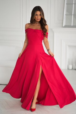 336-02 Długa Suknia Wieczorowa Z Metalicznym Połyskiem - czerwony
