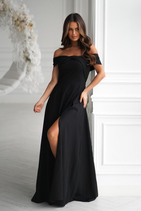 336-06 Długa Suknia Wieczorowa Z Metalicznym Połyskiem - czarny