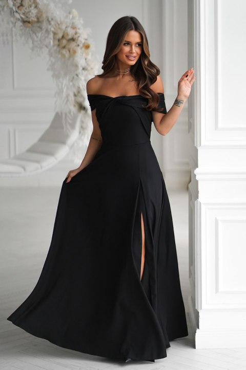 336-06 Długa Suknia Wieczorowa Z Metalicznym Połyskiem - czarny