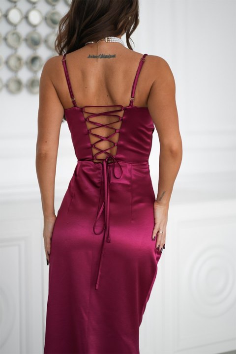 339-10 Satynowa Sukienka Maxi Z Gorsetowym Sznurowaniem - bordowy