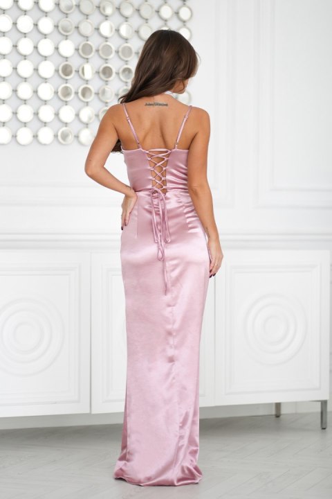 339-20 Satynowa Sukienka Maxi Z Gorsetowym Sznurowaniem - różowy